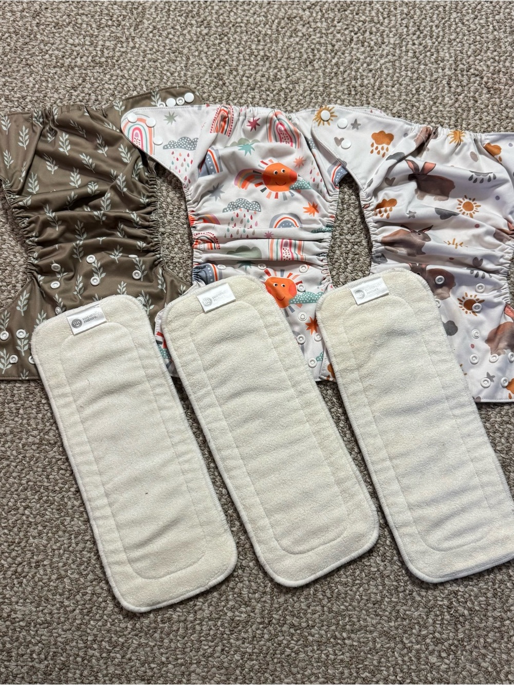Lot of 3 Naturally Nature Cloth Diapers plus 3 Inserts One Size Prints